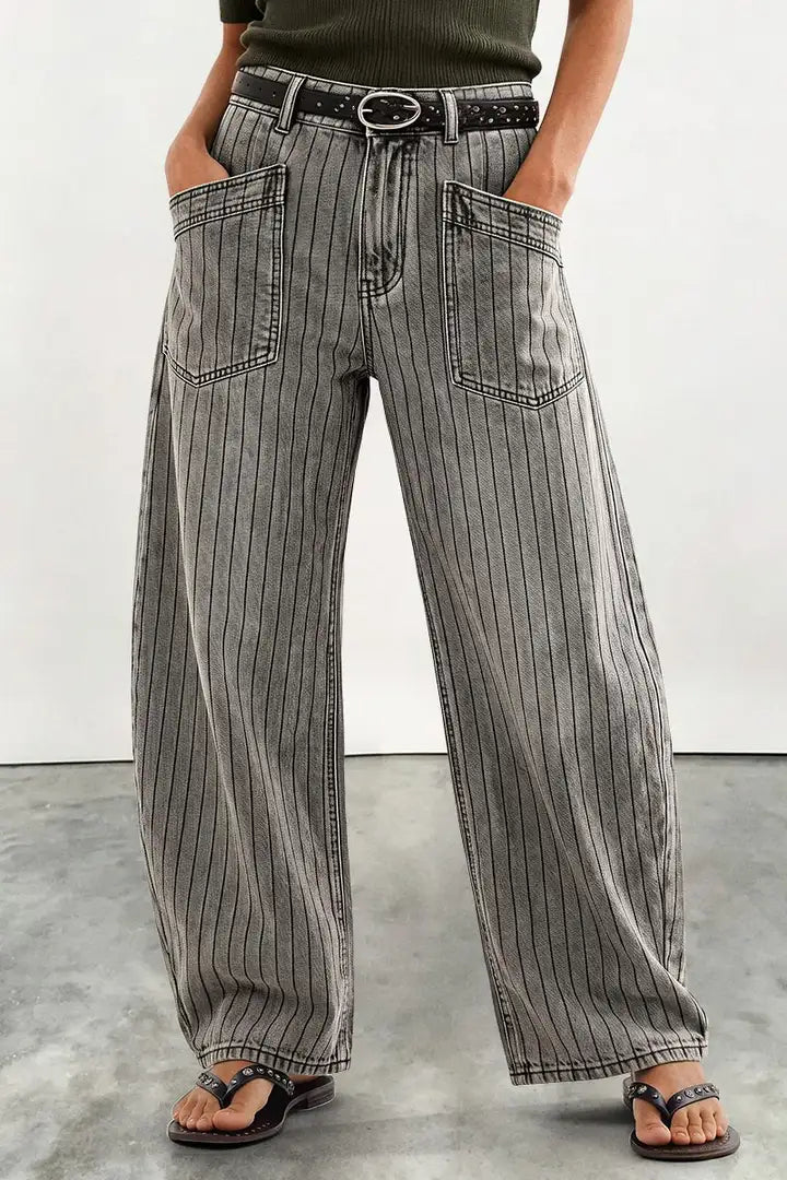 Striped Patch Pocket Mid Waist Wide Leg Pants Without Belt