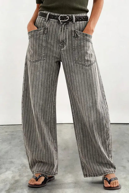 Striped Patch Pocket Mid Waist Wide Leg Pants Without Belt