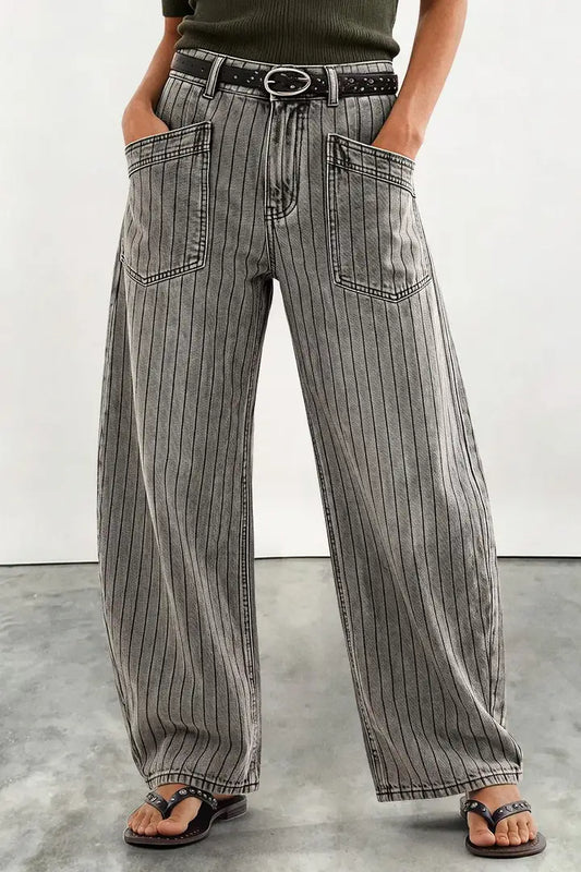 Striped Patch Pocket Mid Waist Wide Leg Pants Without Belt