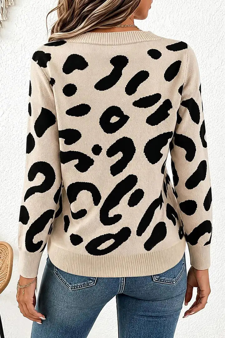 Leopard Print V Neck Long Sleeve Sweater