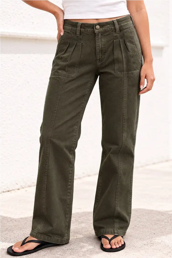 Solid Pleated Seam Front Mid Waist Straight Leg Pants