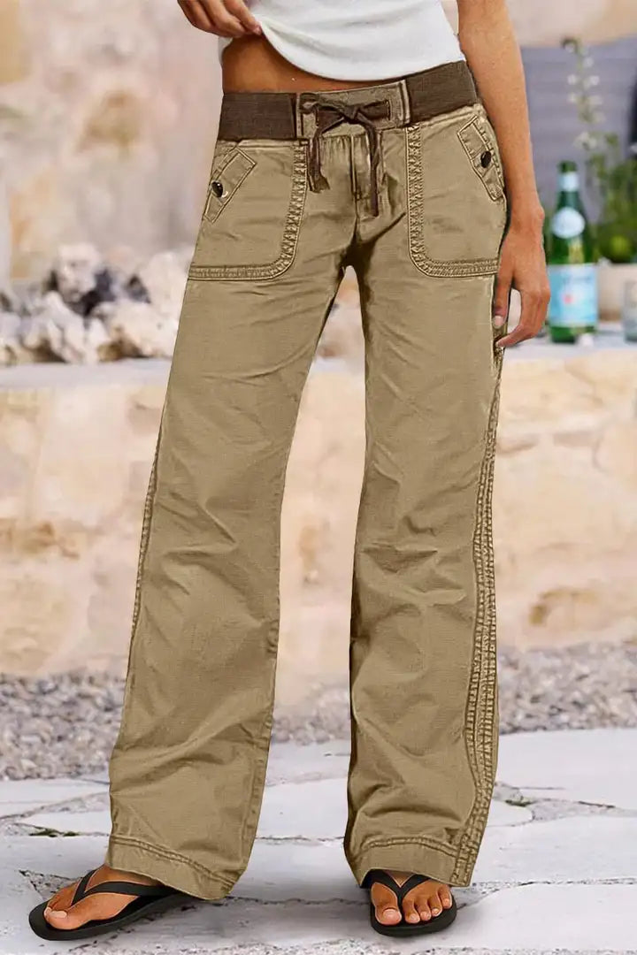 Solid Seam Detail Drawstring Mid Rise Straight Leg Pants