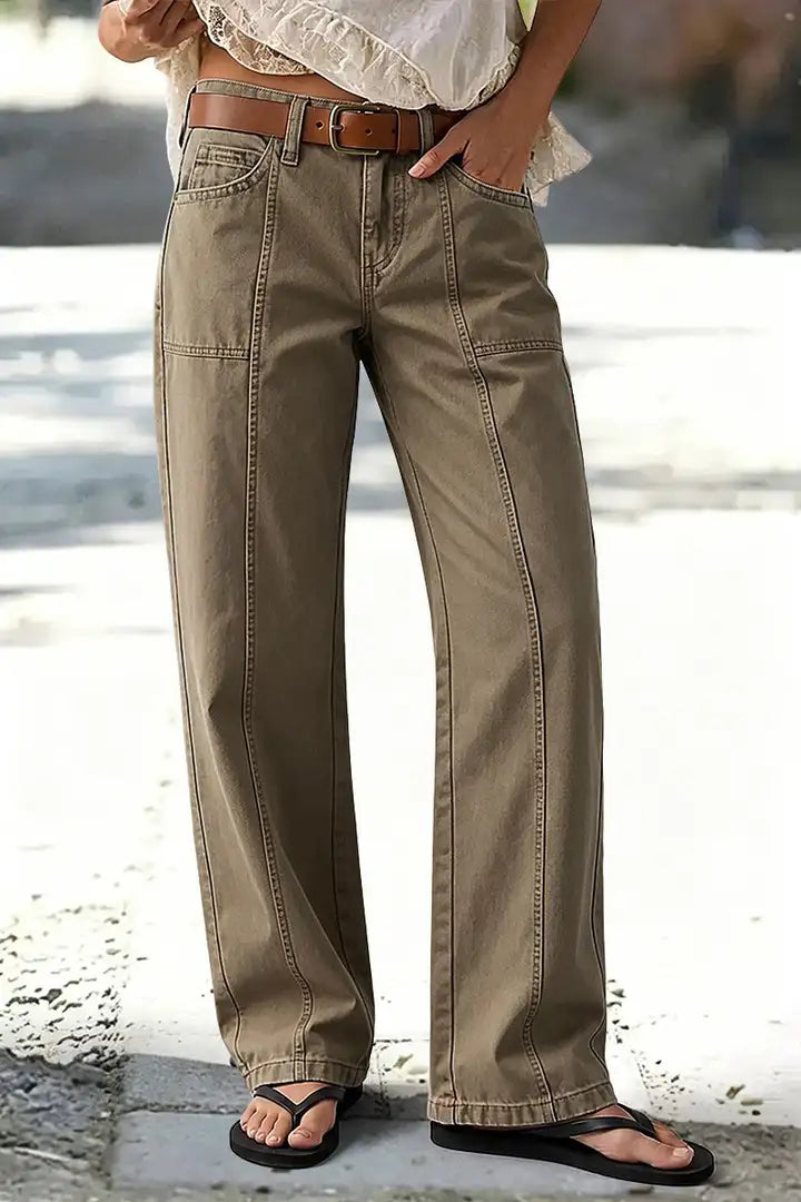 Solid Stitch Detail Mid Waist Straight Leg Pants Without Belt