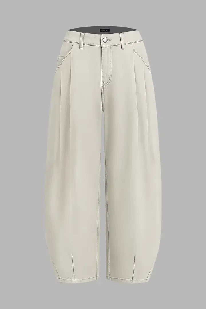 Solid Pleated Mid Rise Barrel Leg Pants Without Belt