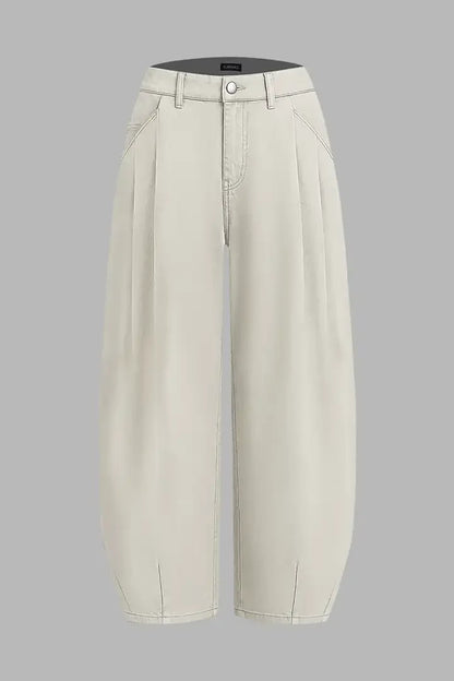 Solid Pleated Mid Rise Barrel Leg Pants Without Belt