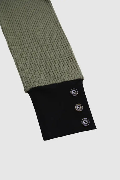 Two Tone Waffle Knit Button Cuff V Neck Long Sleeve T-Shirt