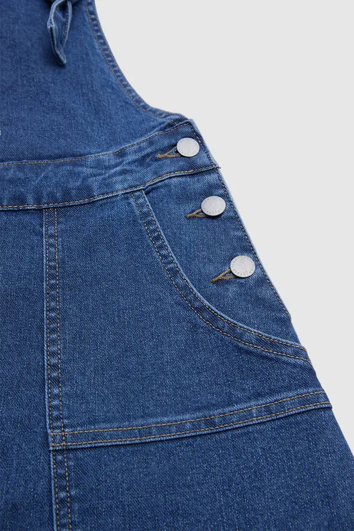 Wash Patch Pocket Pleated Long Denim Overall Dress