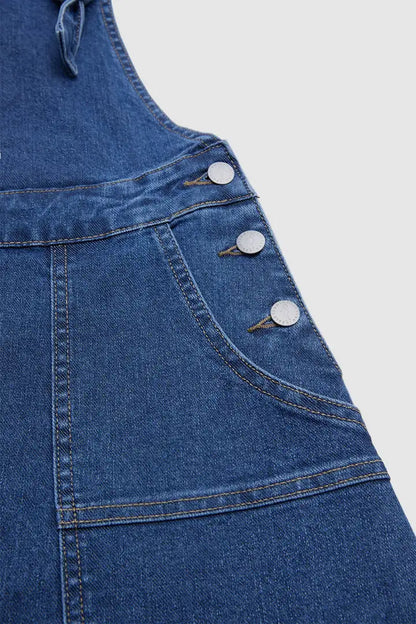 Wash Patch Pocket Pleated Long Denim Overall Dress