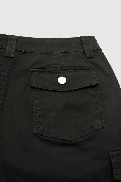 Solid Flap Pocket Mid Waist Tapered Cropped Cargo Pants