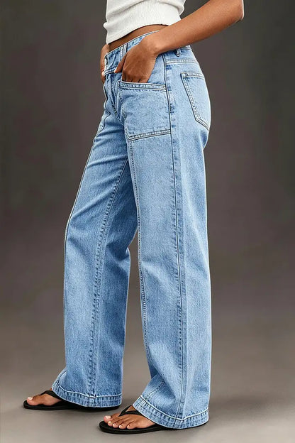 Wash Asymmetrical Stitch Detail Mid Waist Straight Leg Jeans
