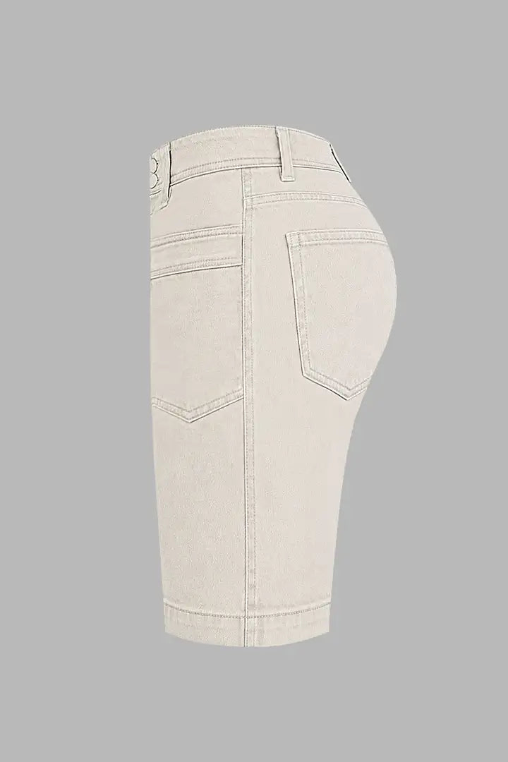 Solid Patch Pocket Dual Button Roll Hem High Rise Bermuda Shorts