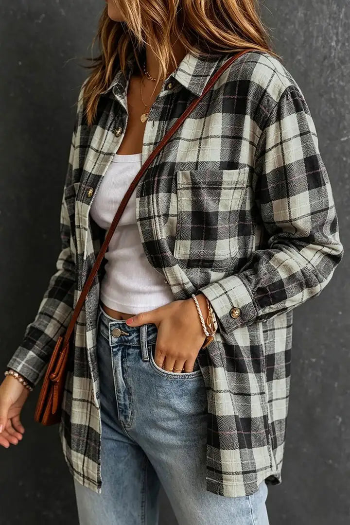 Plaid Pattern Patch Pocket Button Up Long Sleeve Shacket