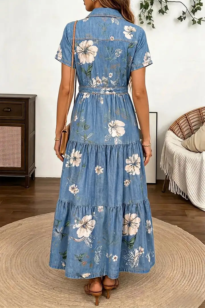 Floral Print Flap Pocket Button Up Short Sleeve Maxi Dress