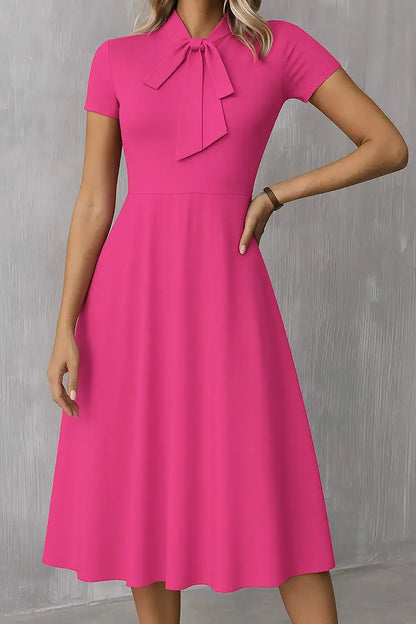 Solid Tie Neck Pleated Midi Dress