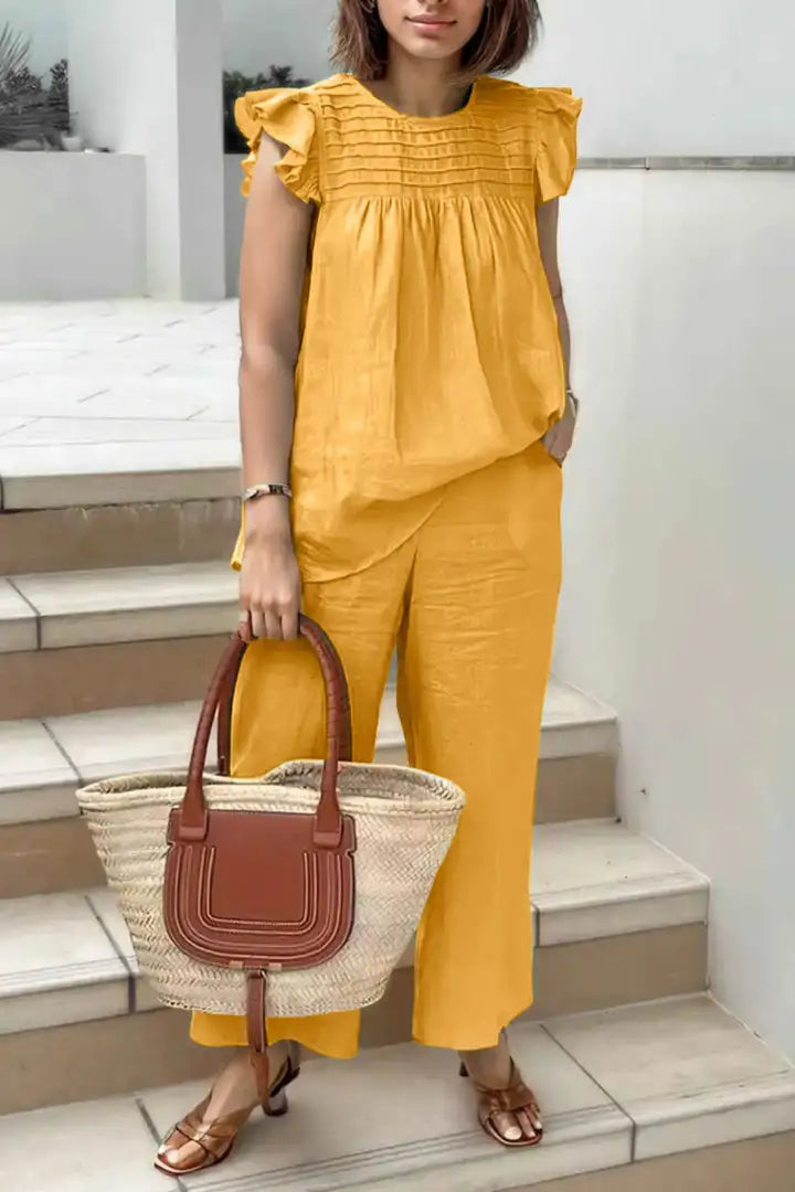 Solid Pleated Ruffle Armhole Top & Slant Pocket Pants Set
