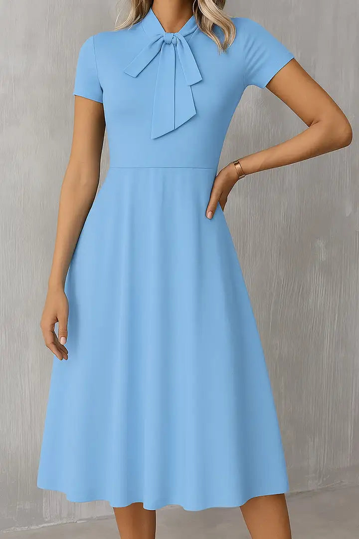 Solid Tie Neck Pleated Midi Dress