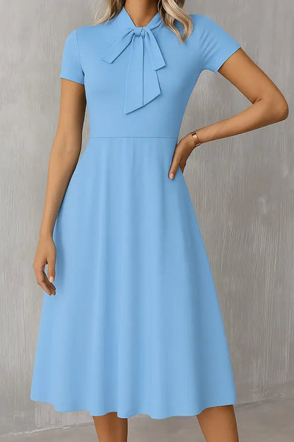 Solid Tie Neck Pleated Midi Dress