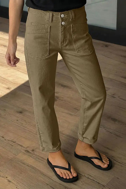 Solid Patch Pocket Dual Button High Rise Straight Leg Crop Pants