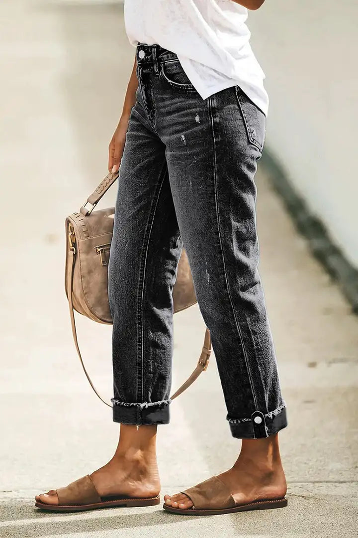 Wash Button Tab Roll Hem Mid Waist Straight Leg Crop Jeans