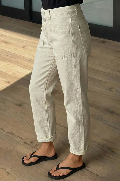 Solid Patch Pocket Dual Button High Rise Straight Leg Crop Pants
