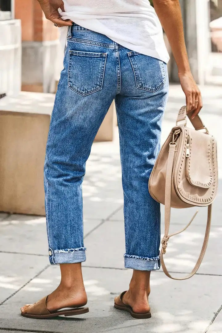 Wash Button Tab Roll Hem Mid Waist Straight Leg Crop Jeans