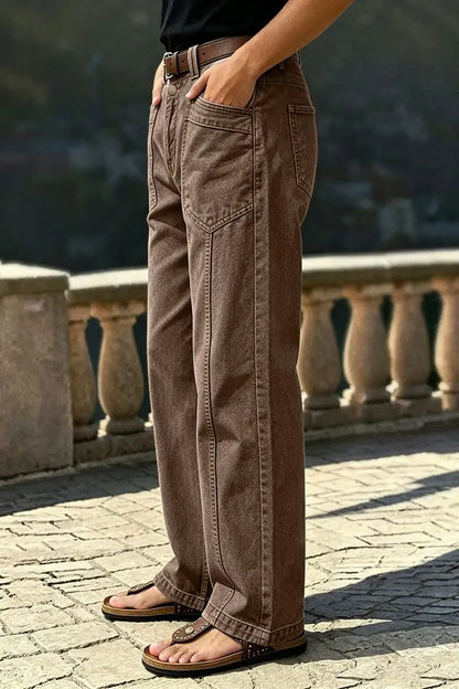 Solid Stitch Detail Patch Pocket Mid Rise Straight Leg Pants