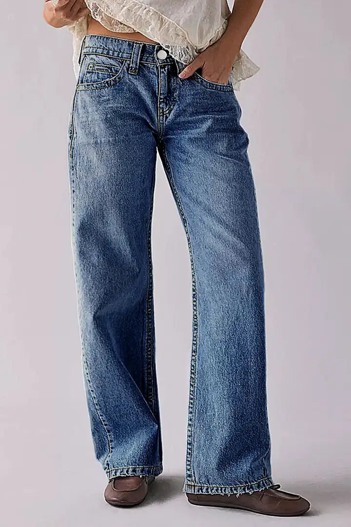Wash Raw Hem Mid Rise Straight Leg Jeans