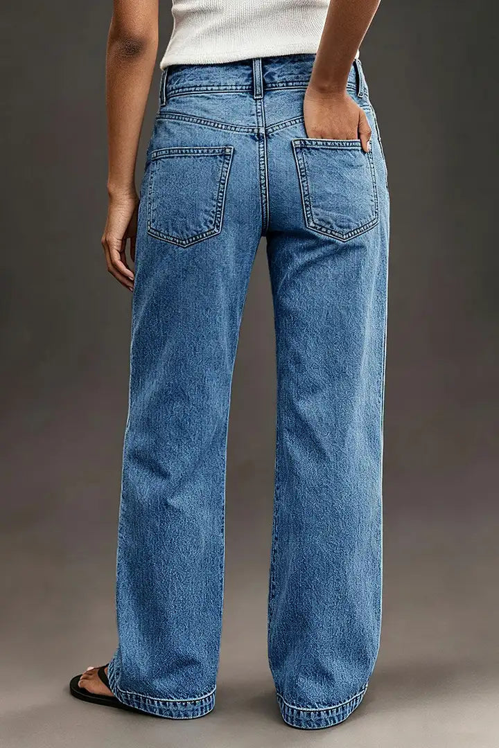Wash Asymmetrical Stitch Detail Mid Waist Straight Leg Jeans