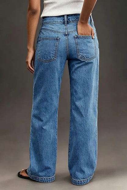 Wash Asymmetrical Stitch Detail Mid Waist Straight Leg Jeans